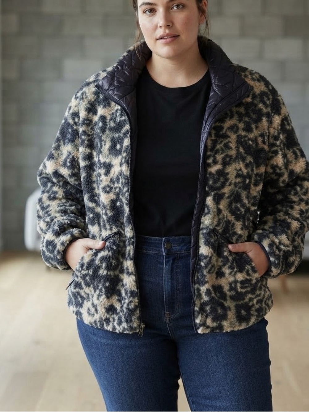 Johnny Was Calme Fleece Jacket Leopard Floral Print Puffer Collar XXL